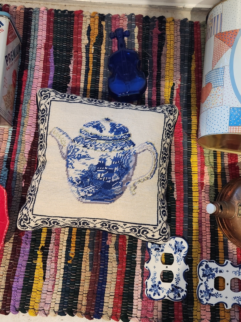 Blue and White Tea Pot Needlepoint Pillow - Handcrafted Accent